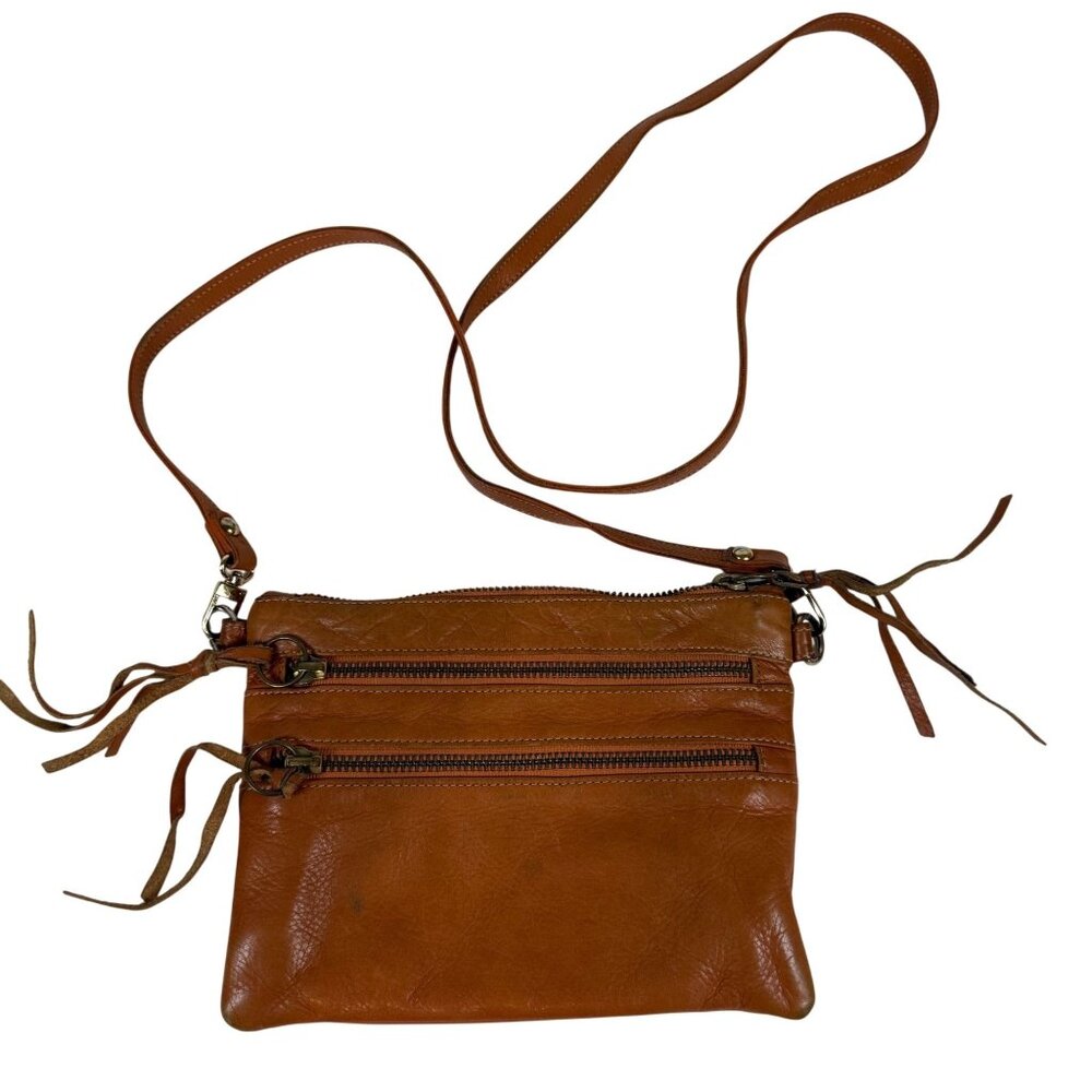 Pietro Alessandro Cognac Brown Leather Crossbody Bag Double Zipper Tassels Purse